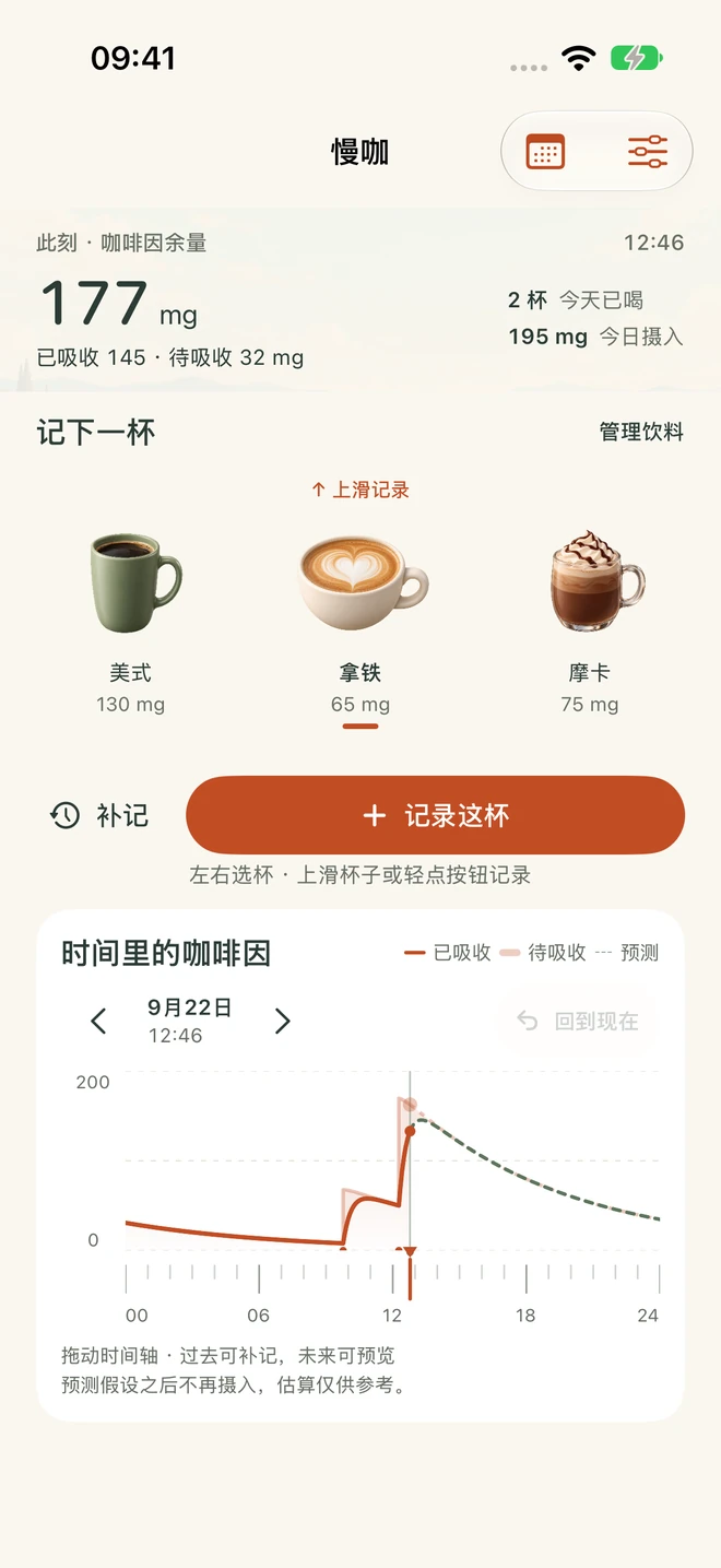 慢咖首页：咖啡因余量、饮料选择、今日摄入和全天变化曲线